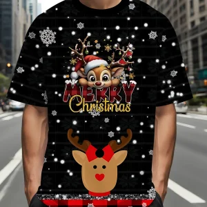 New Men's T Shirt 3D Cartoon Christmas Elk Pattern Pronted Short Sleeve Tops Casual Crew Neck Loose Fashion X'mas Party Clothing
